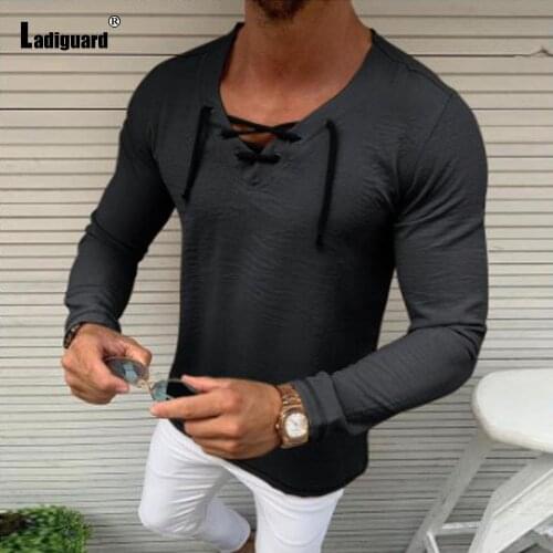 Ladiguard Plus Size Mens Fashion Lace-up V-neck Shirt Long Sleeve Basic Top Pullover Sexy Men clothing 2021 Summer Casual Blouse