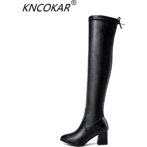 KNCOKAR autumn winter long boots new high pointed over the knee and fleece thick and elastic boot show the thin high boots