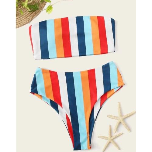 Sexy Bikini Set Swimwear Women Bandeau Female Stripe Printing Strappy Bathing Suit Swimsuits Summer Thong Brazilian Bikini Set