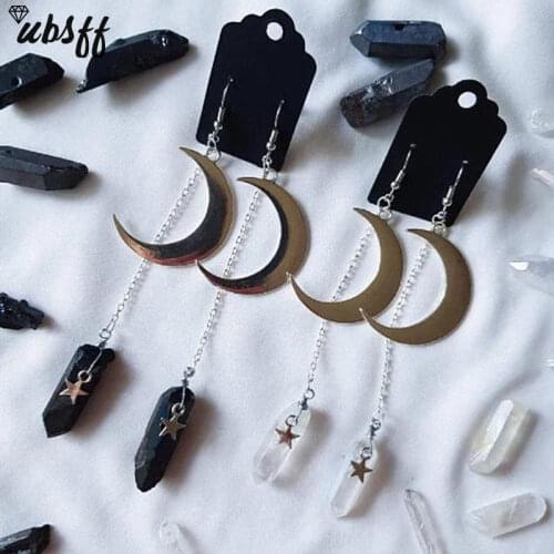 White/Black Quartz Crystal Aura Witchy Earrings, Crescent Moon Gothic Occult Boho Crystal Crown Accessories Jewelry Earrings