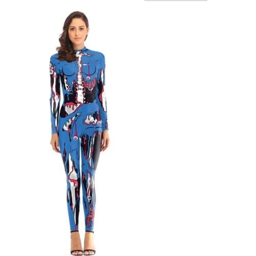 Szblaze Cosplay Terror Skull Printed Theme Jumpsuit Hight Waist Catsuit Costumes Halloween Skeleton Women Bodysuit Fancy Dress