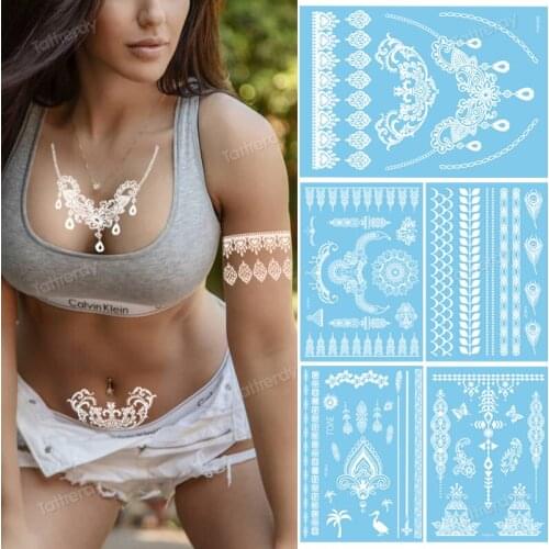 Waterproof Temporary Tattoo Sticker White Fake Tatoo India Henna Lace Body Jewelry Swan Mandala Tatto For Bride Women Wedding