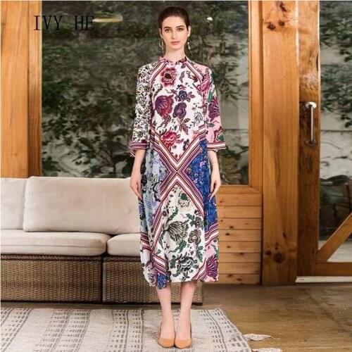 IVY HE High Quality Summer Dress Woman Clothing Plus Size Vintage Print Chiffon Holiday Long Dress Traf Robe ZA Party Dresses