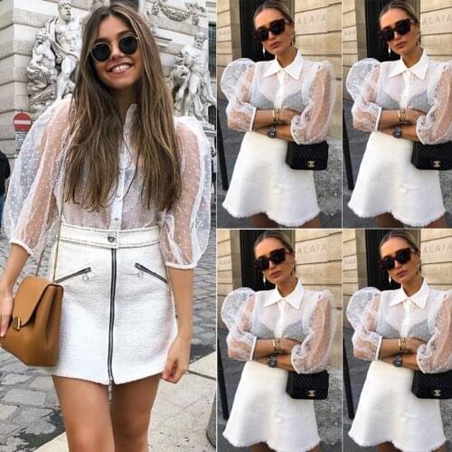2020 Women Modis Transparent Chiffon Blouse Winter Autumn Clothes Mesh Sheer Long Sleeve White Dots Femme Top Ladies Blouse