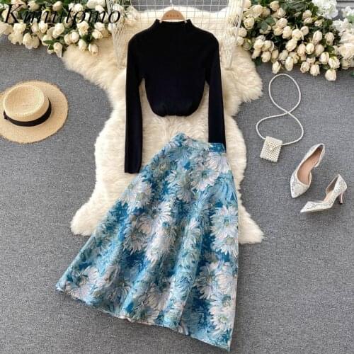 Kimutomo Women Sets 2021 Autumn Korea Elegant Temperament Ladies Knitted Tops All-Match Loose Retro Jacquard Skirt Two-Piece