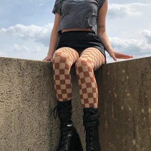 Women Summer Leggings Plaid/Splicing Color High-Waist Stretch Tight-Fitting Pantyhose for Girls 3 Colors