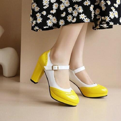 Sianie Tianie Patent Leather Yellow Purple Patchwork Round Toe Elegant Womans Office Pumps Platform Block High Heels Mary Janes
