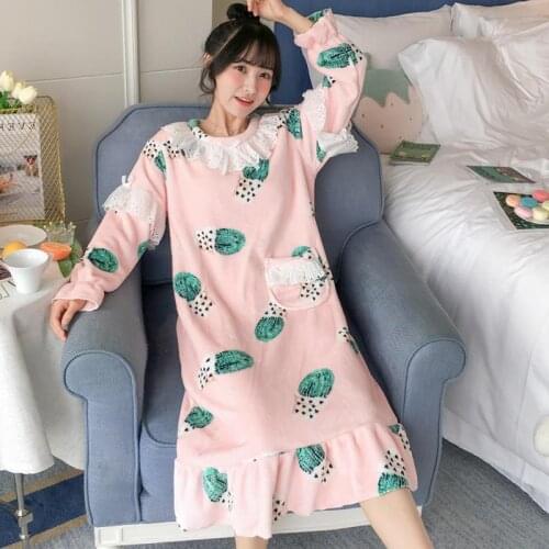 Winter Women Thicken Flannel Princess Style Nightgowns Lace Girls Warm Night Dress Cute Sleepwear Coral Fleece Sleep Lounge