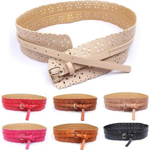1PC Women Belt PU Leather Solid Color Hollow Flower Waistband Fashion Casual Elastic Stretch Ladies Dress Accessory