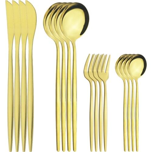 16Pcs/Set Gold Dinnerware Cutlery Set Knife Cake Fruit Forks Tea Spoon Silverware Set Stainless Steel Flatware Kitchen Tableware
