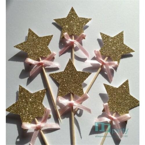 20pcs Gold Star Cupcake Toppers with Pink Bow, Gold Star 1st Birthday Cake Toppers, Wedding Anniversary Cake Toppers