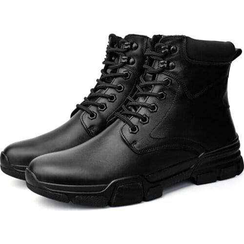 2020 Autumn Winter First Layer Cowhide Casual Short Tube Warm Round Toe Trendy Fashion Black Martin Boots Men Genuine Leather