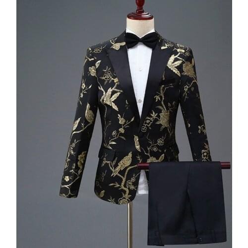 2019 New Design Custom Made Black And Gold Flower Wedding Suits For Men Best Man Blazer Groom Suit Tuxedos Prom Party Suits