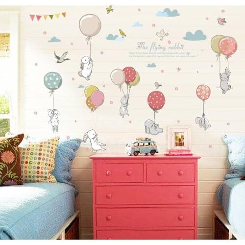 2020 Cartoon Balloon Rabbit Wall Sticker Creative for Kids Room Children Bedroom Removable Decor Stickers Door Decal
