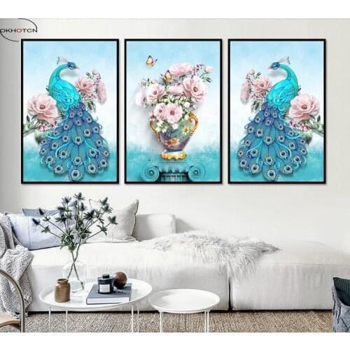 Unframed 3 Pieces/Set Blue Peacock Pink Flower Vase Picture Modular Nordic Painting Wall Art Decor For Living Room