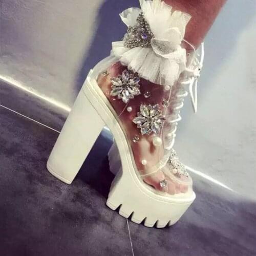Carollabelly Handmade Thick Heels Platform Women Sandal Boots Transparent Ankle Boots Women Lace Up Rhinestone Lace Flower Shoes