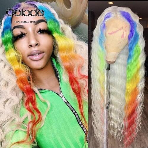 COLODO Rainbow Deep Wave Lace Front Wig Purple Blue Ombre Human Hair Wig With Baby Hair Glueless Transparent Lace Wigs For Women