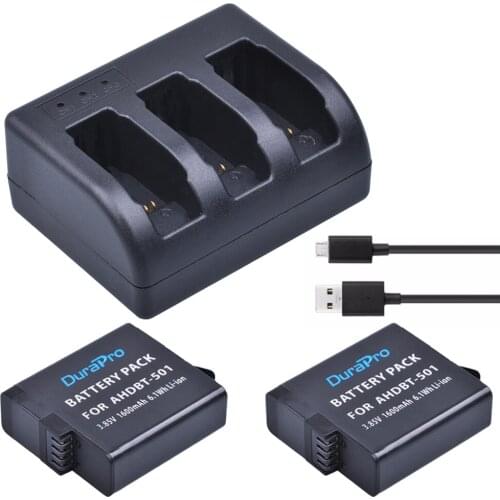 DuraPro 2pc 1600mAh AHDBT-501 AHDBT 501 Rechargeable Li-ion Battery + 3-Channel USB Charger for Camera Gopro 5 Hero5 AHDBT 501