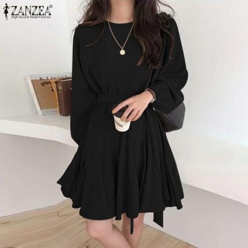 ZANZEA Women Female Elegant Chic Sundress O Neck Solid Color Casual Mini Dress Puff Sleeve Hollow Oversize Streetwear Robe Femme