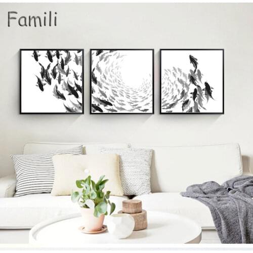 Good Symbolic Wealth Honorable Minimalist Chinese Ink Thousands Of Sturgeon Fish Art Canvas Prints Wall Posters For Home Decor