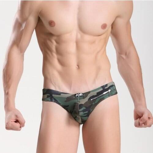 JQK Brand Mens G-Strings Thongs Underwear With Zipper Sex Gay Erotic Army Green Camouflage Wild Sexy Fancy For Man Underpants
