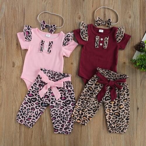 Baby Girl Leopard Romper Suit, Short Sleeves Round Neck Elastic Long Pants with Bowknot Hairband 2pcs Clothes Set