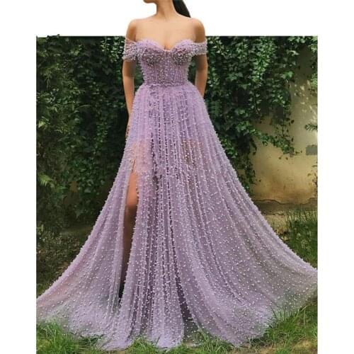 Lavender Muslim Evening Dresses 2019 A-line Off The Shoulder Tulle Pearls Dubai Saudi Arabic Long Formal Evening Gown