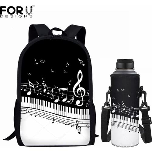 FORUDESIGNS Hot Teenager Backpack Cup Covers Music Notes Pattern Child Boys Girls School Bags Set Water Bottle Case 2pcs Mochila