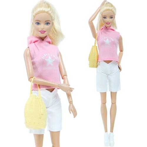 BJDBUS Fashion Cool Girl Outfit Pink Vest Shirt White Summer Shorts Bag Boot Clothes for Barbie Doll Accessories Toy Kid Gift