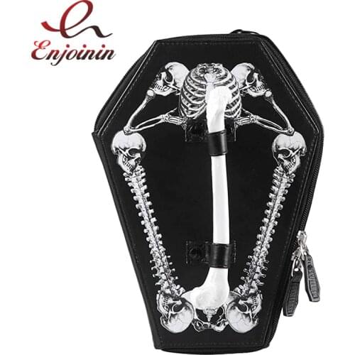 Fashion Black Pu Leather Shoulder Bag with Skull Coffin Casket Shaped Clutch with Chain Strap Gothic Purse for Women Handbag