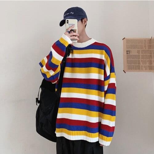 Oversize Autumn Winter Mens Knitted Sweaters 2020 Korean Colorful Striped Man Oversized Pullovers Couple Male Casual Tops