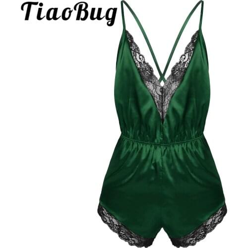 Mens Lingerie Pajamas Romper for Gay Male Sleepwear Adjustable Spaghetti Strap Lace Trimmed Jumpsuit Satin V-neck Nightwear