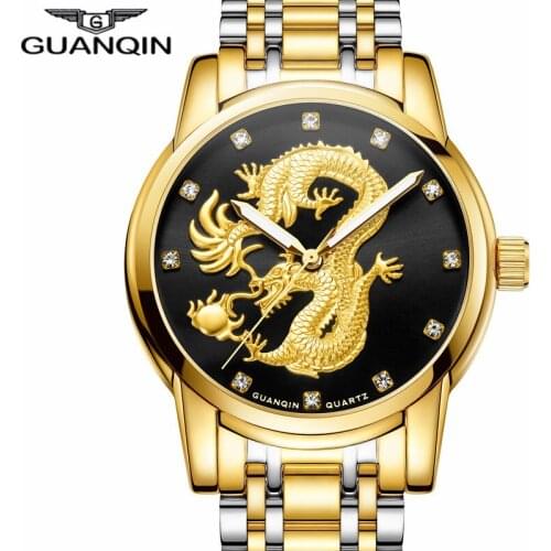 GUANQIN Mens Watches Top Brand Luxury Gold Dragon Sculpture Quartz Watch Men Full Steel Waterproof Wristwatch relogio masculino