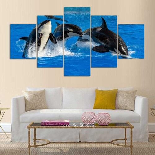 New 1-3-4-5 Piece Canvas Art Blue Ocean Jumping THREE Dolphin HD Canvas Painting Decoration For Home Wall Art Print B465