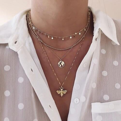 Eif Dock Gold Color Map Bee Moon Tassel Pendant Choker Necklace for Women Chain Necklaces & Pendants Chokers Fashion Jewelry