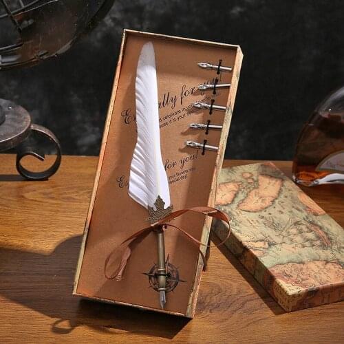 PS130 Antique Quill Feather Dip Pen Writing Ink Set Stationery Gift Box with 5 Nib Wedding Gift Quill Pen Fountain Pen