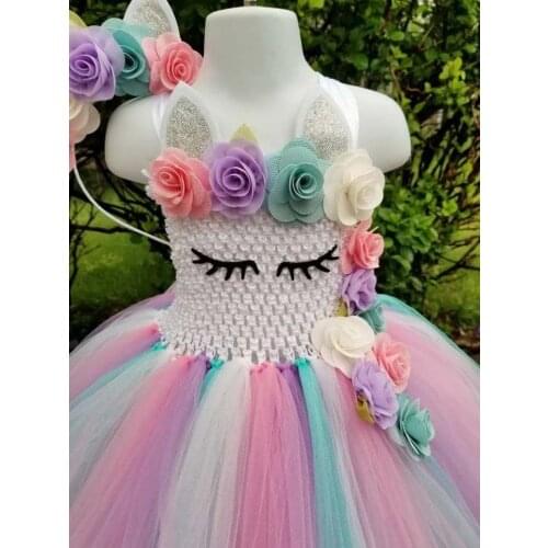 Flower Mesh Cosplay Unicorn Tutu Dress Girls Kids Birthday Party Unicorn Costume With Headband Wing Halloween Purim Costumes