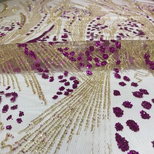 Luxurious Gold Glitter Champagne Tulle Mesh Purple Sequin Lace Fabric 5 Yards Nigeria French Wedding Dress DIY Sewing Materials