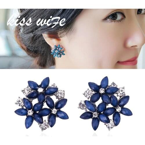 KISSWIFE 2019 fashion crystal rhinestone stud earrings 3 flower red blue blackearrings for women jewelry