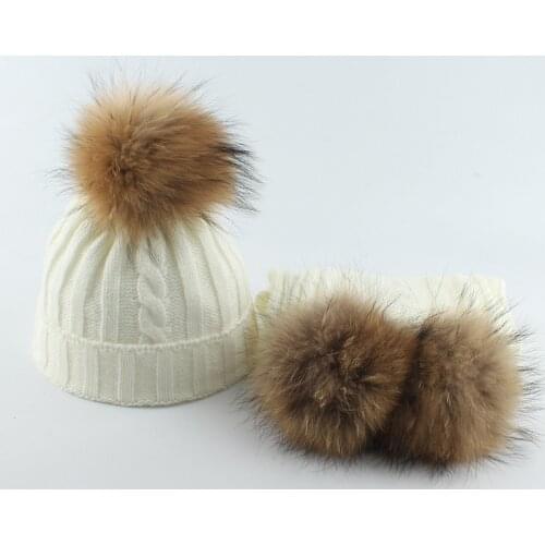 Girl Hat Scarf Set Winter Real Raccoon Fur Pompom Beanie Boy Acrylic Knit Autumn Warm Skiing Accessory For Kids Baby Toddlers