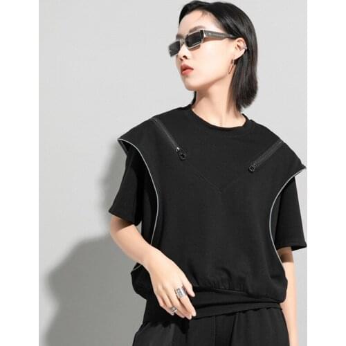 Spring Summer Zipper decoration off-shoulder fake two-piece loose blouse short-sleeved T-shirt wome O-Neck Top Women Black Dress