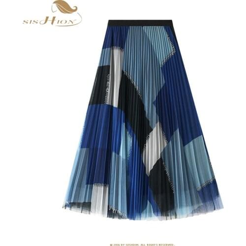 SISHION Black White Geometric Print Skirt 2021 Spring Hit Color High Waist Pleated Mesh skirt SP1356