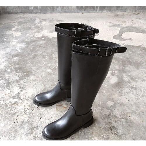 NEW 2018 fashion women winter boots leather zip round toe square heel riding motorcycle boots buckle mid calf shoes