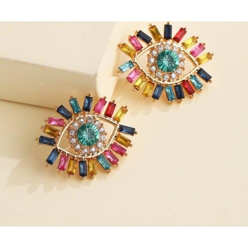 Bohemian Rainbow Crystal Evil Eye Statement Earrings for Women Gold Color Metal Colorful Shiny Rhinestone Blue Eye Stud Earrings