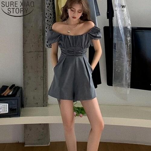 Womens Puff Sleeve 2021 Summer Fashion Pleated Wide Leg Shorts Waist Hugging Slash Neck Office Lady Off-Shoulder Playsuit 14395