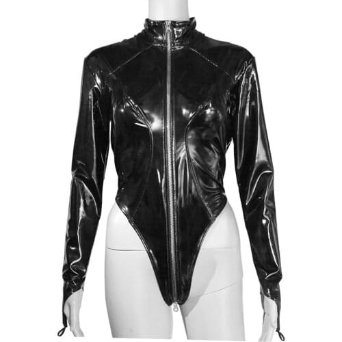 Women Sexy Shiny Patent Leather Bodysuits Ladies Long Sleeve High Neck Leotard Clubwear Latex Leather Bodycon Costume Custom