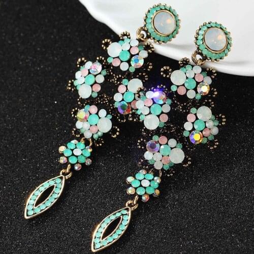YaYi Jewelry Fashion BOHO Blue Glass Crystal Rhinestone Dangle Women Ancient Gold Color Wear Ear Band Long Tassel Earrings