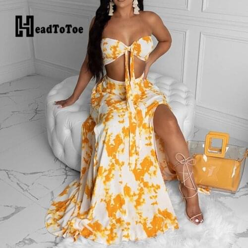 Printed Bandeau Sexy Strapless Crop Tops & Slit Maxi Skirts Set Summer Women Two Piece Set