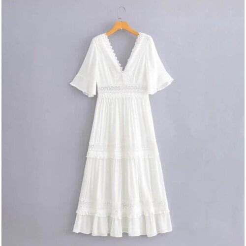 2021 New Style Women Fashion Lace Backless Dress Ladies Elegant Ruffle Sleeve Loose Long Dress for Female Holiday Beachwear
