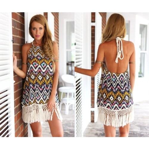 Womens Sexy Cool Open Back Tassel Dress Summer Outdoor Travel Sexy Sleeveless Beach Dress Hoiday Party Vacation Dress